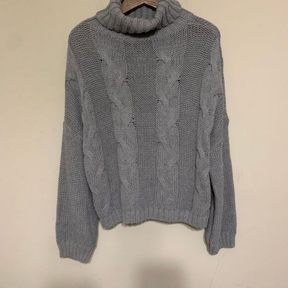 Gray Chunky Cable Fisherman Turtleneck Sweater Size Large Oversized - Picture 2 of 7